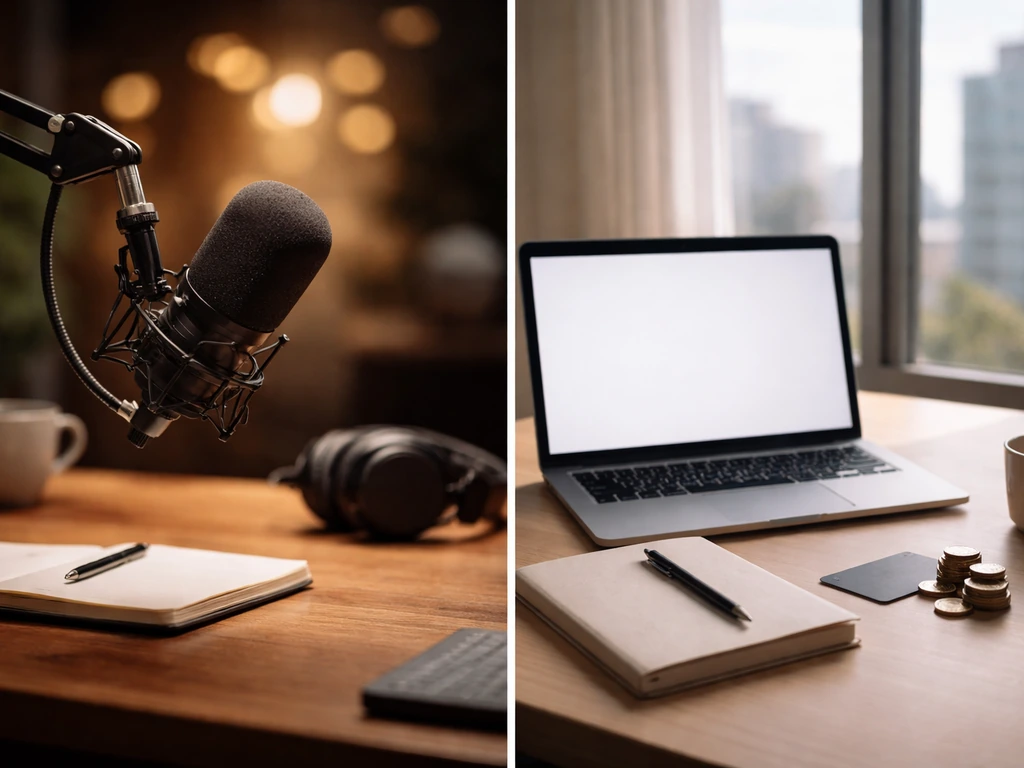 Split concept image: studio mic setup on one side and quiet office investing scene on the other