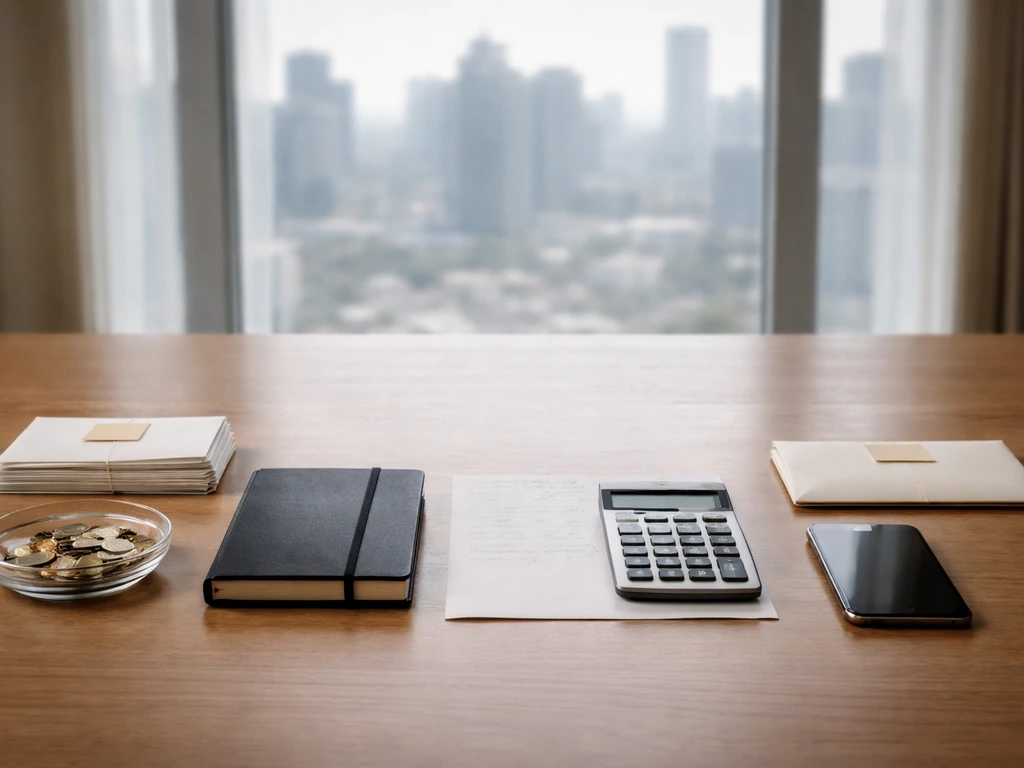 Minimal photo of an executive desk with scattered papers, a calculator, and a laptop showing a balance-themed scene