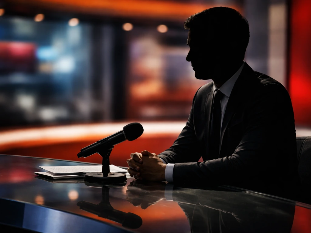 Anonymous financial TV host at a modern studio desk with a microphone, blurred finance-news backdrop.