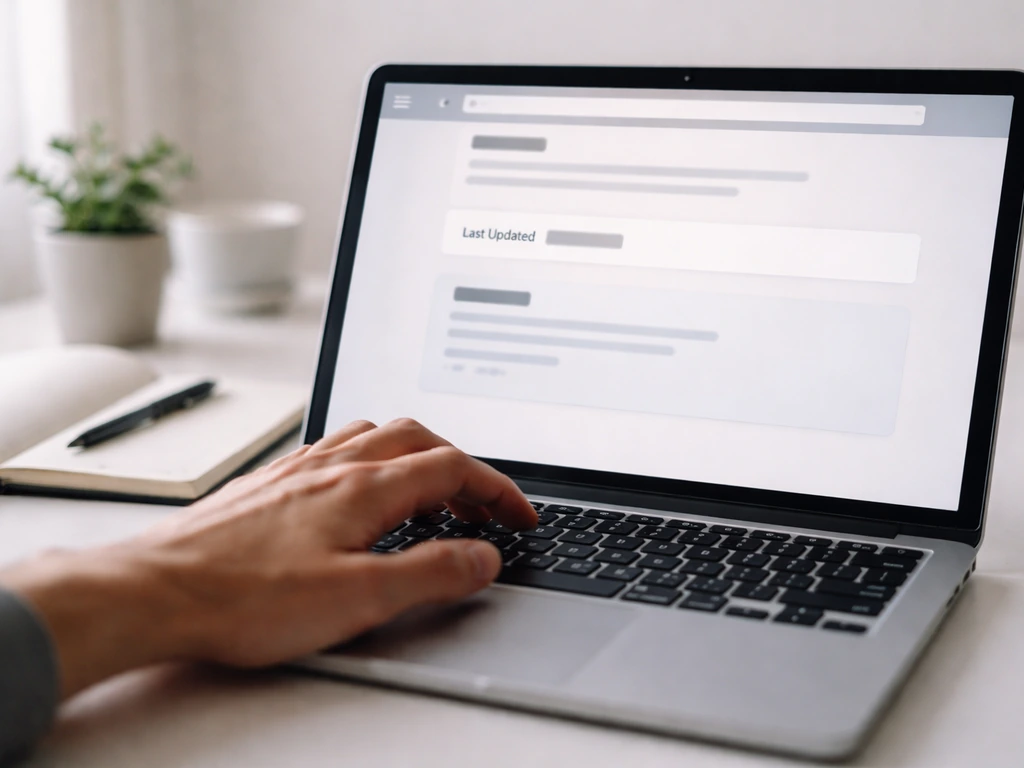 Close-up of a laptop screen showing a generic “last updated” section and a notebook beside it.