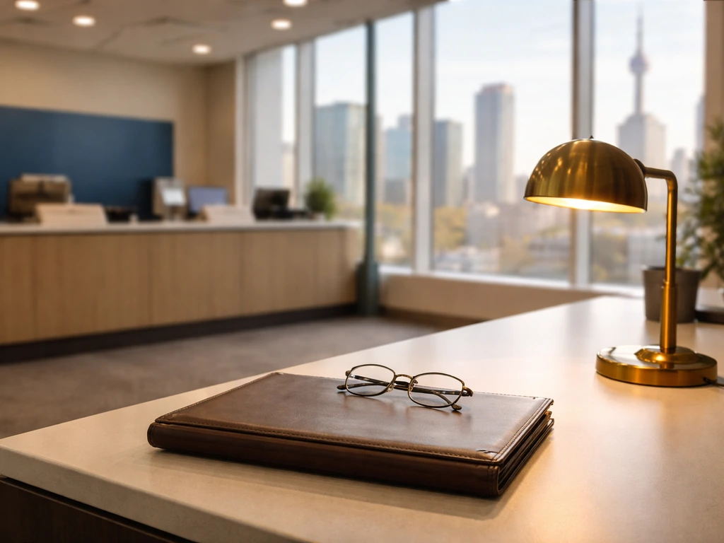 Minimal bank office desk scene with portfolio and glasses, daylight through windows, evoking Canadian banking career.
