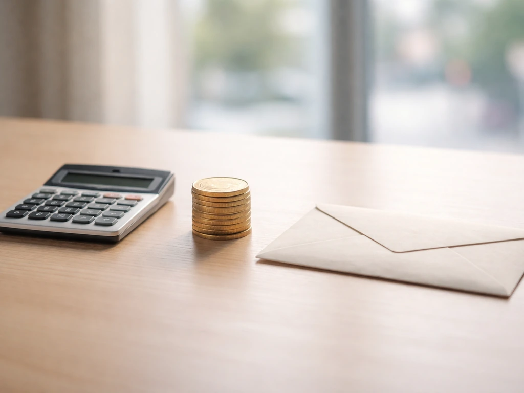 Minimal photo of a tidy desk with a calculator, scattered coins, and a small envelope, symbolizing financial breakdown.