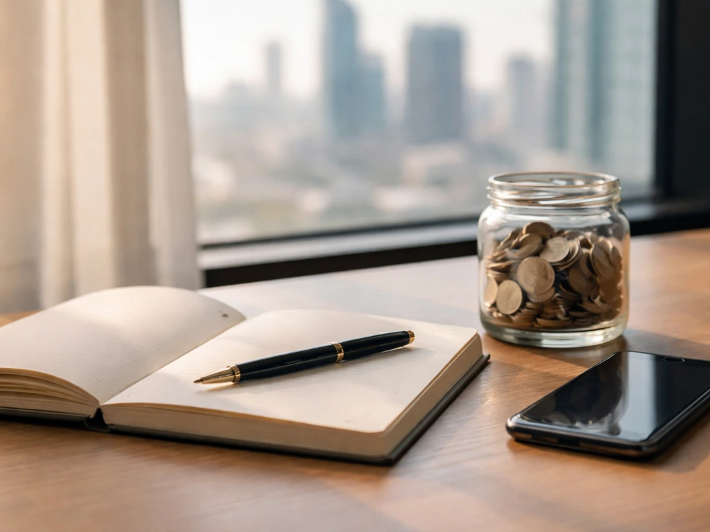 Minimal desk scene with blank notebook, pen, coins jar, and blurred city view suggesting investment decisions.
