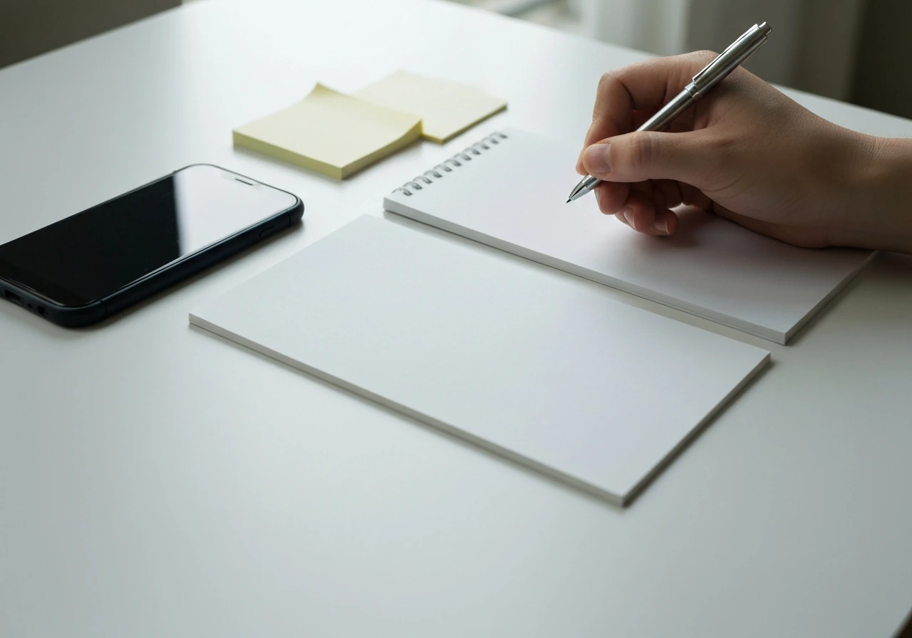 Minimal office desk with two neatly arranged notepads and a pen, suggesting cross-checking identities