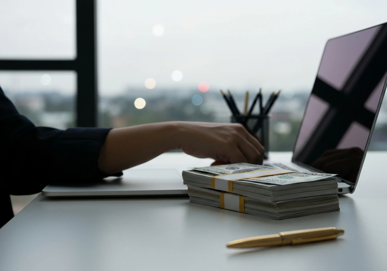 Minimal office scene with a polished desk, a laptop, and cash envelopes suggesting a net worth estimate context.