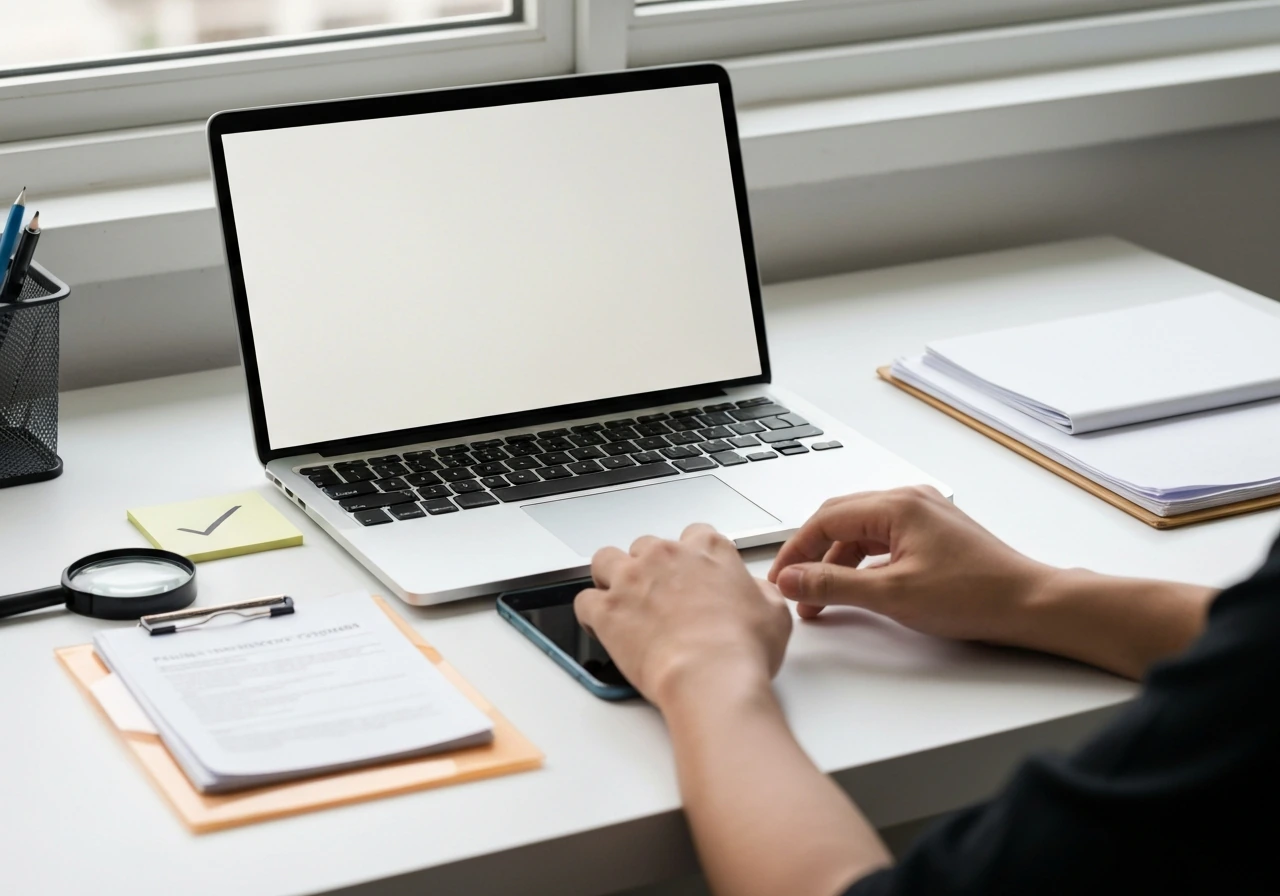 Anonymous hands on a simple desk with laptop and public-records documents for source verification.