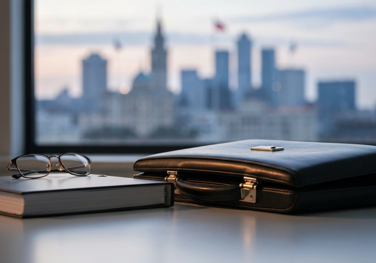 Wealth management scene with a closed laptop, leather portfolio, and soft-focus city skyline at dusk