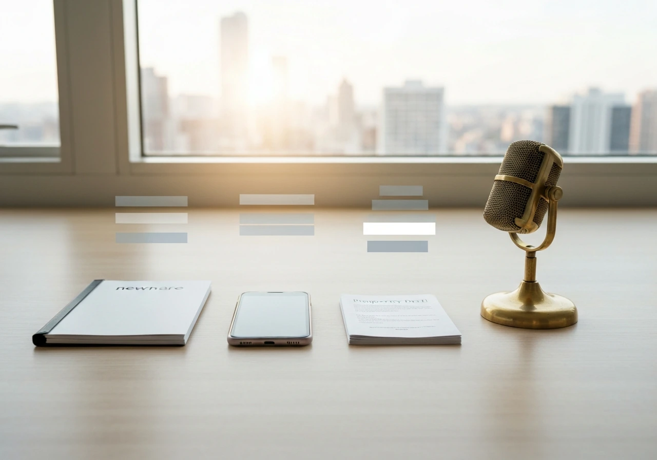 Minimal home office desk with documents, phone, folder, and a faint confidence-tier overlay.
