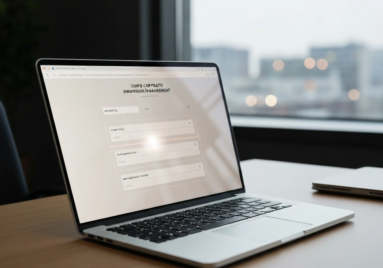 Close-up of a laptop screen showing a clean corporate ownership and management page with key fields highlighted