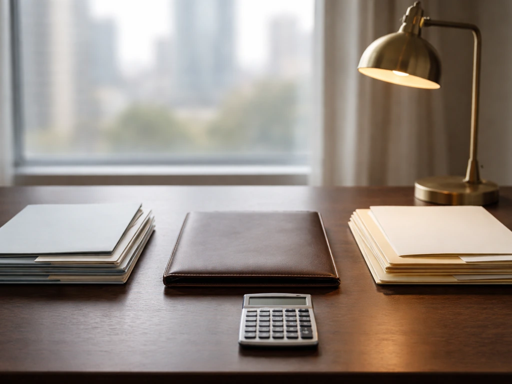 Minimal office desk with paper folders and a calculator, suggesting business liabilities affecting net worth