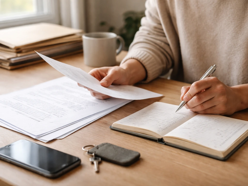 Hands review blank documents and a notebook ledger on a desk, symbolizing verifying a net worth estimate.