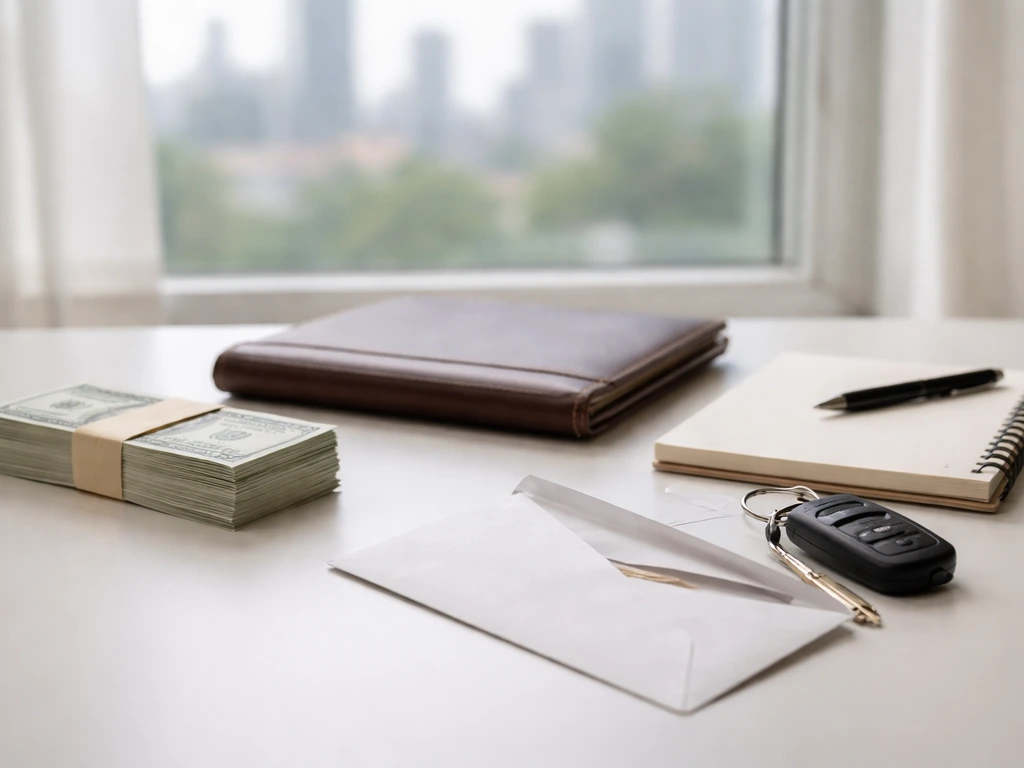 Minimal photo of a desk with cash, a notebook, and a folder suggesting assets minus liabilities