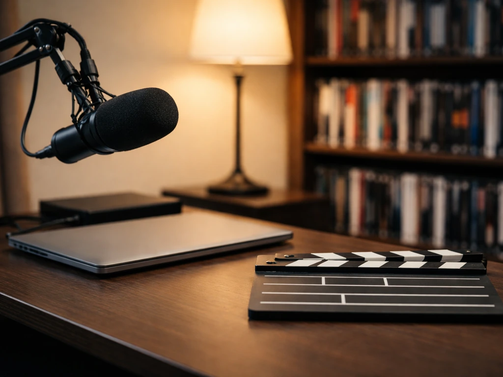 Minimal film studio desk with microphone and clapperboard, suggesting documentary participation.