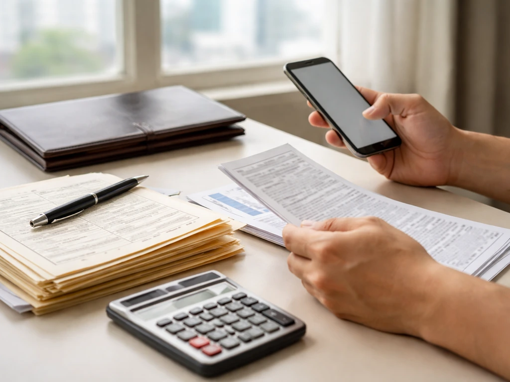 Hands reviewing paperwork and a phone on a desk, suggesting verification of property and records.