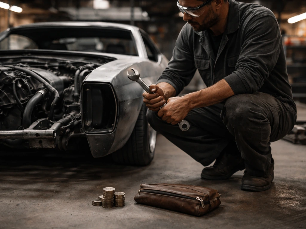 Anonymous mechanic in a garage-style workshop with tools and a finance-themed ambiance