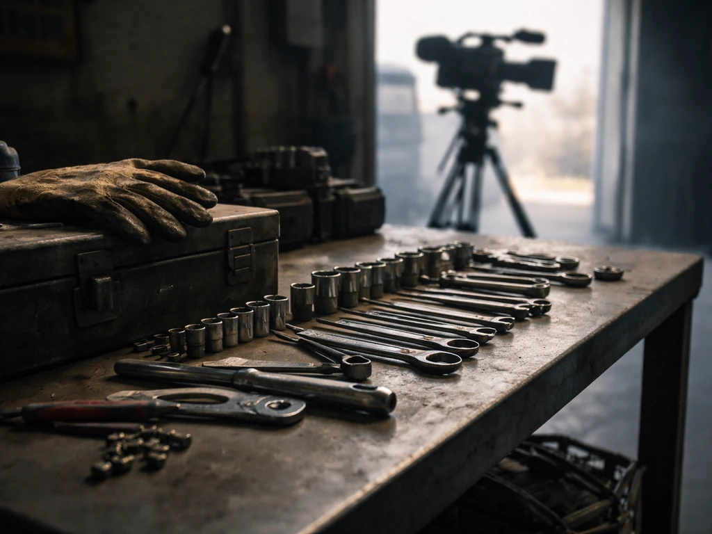 Minimal workshop scene with tools and a TV camera setup, implying media-covered automotive fabrication.