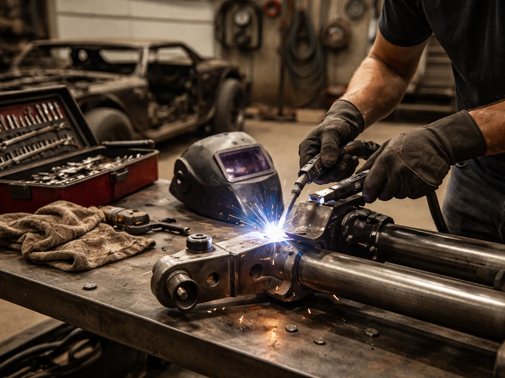 Anonymous hands welding a vehicle component in a minimal garage workshop, tools and metalwork visible.