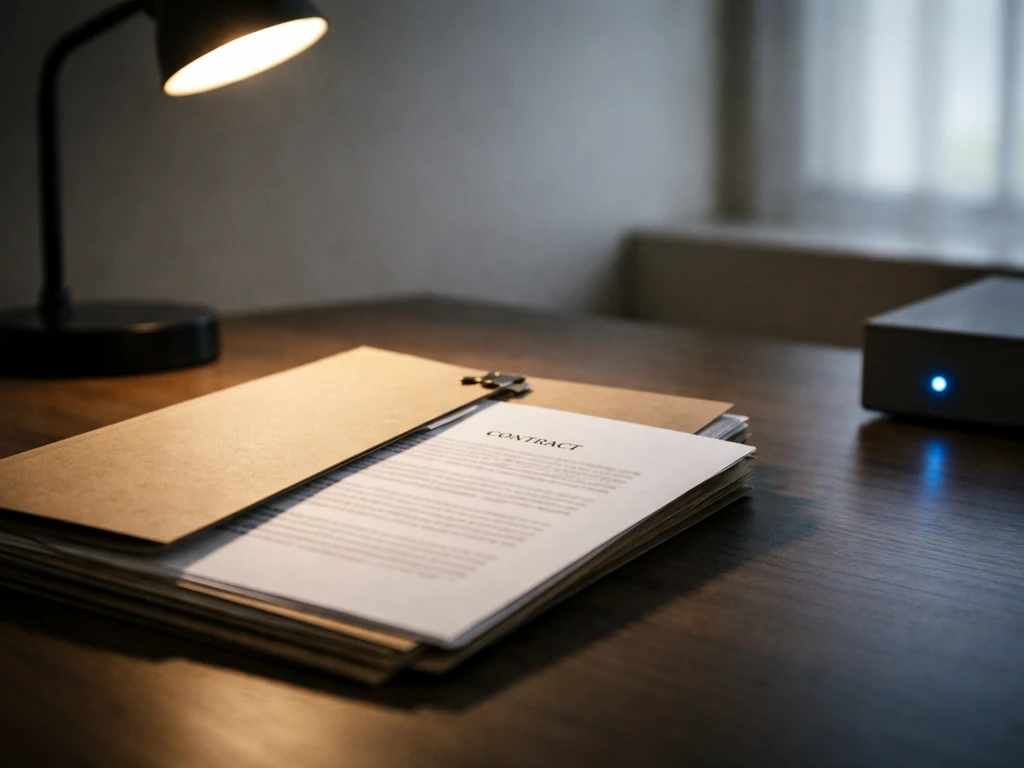 Minimal desk scene with scattered legal papers and a muted warning light symbolizing financial risk