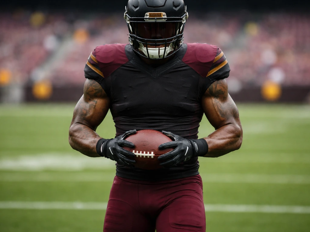 Anonymous NFL defensive end in dark Commanders-style uniform holding a football on a field.