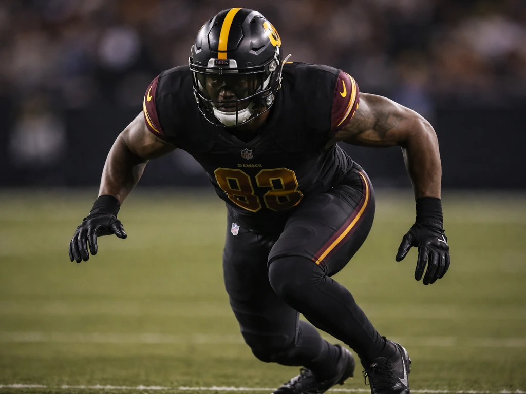 NFL defensive end in Washington-style uniform rushing on a football field during a game.