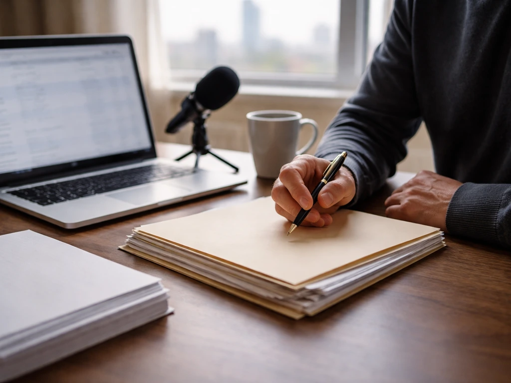 Anonymous person reviewing tax documents at a desk with blurred financial pages and a small microphone