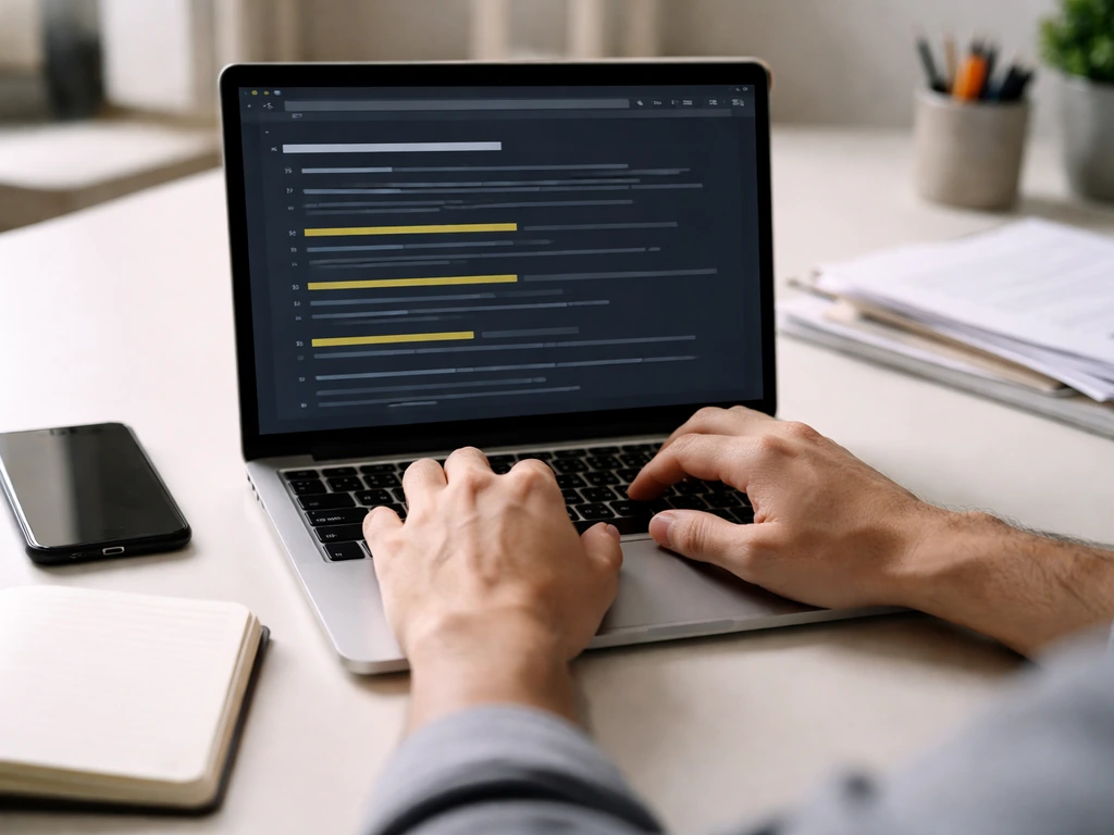 Hands searching on a laptop desk with a generic contract database-style results page (no readable text).