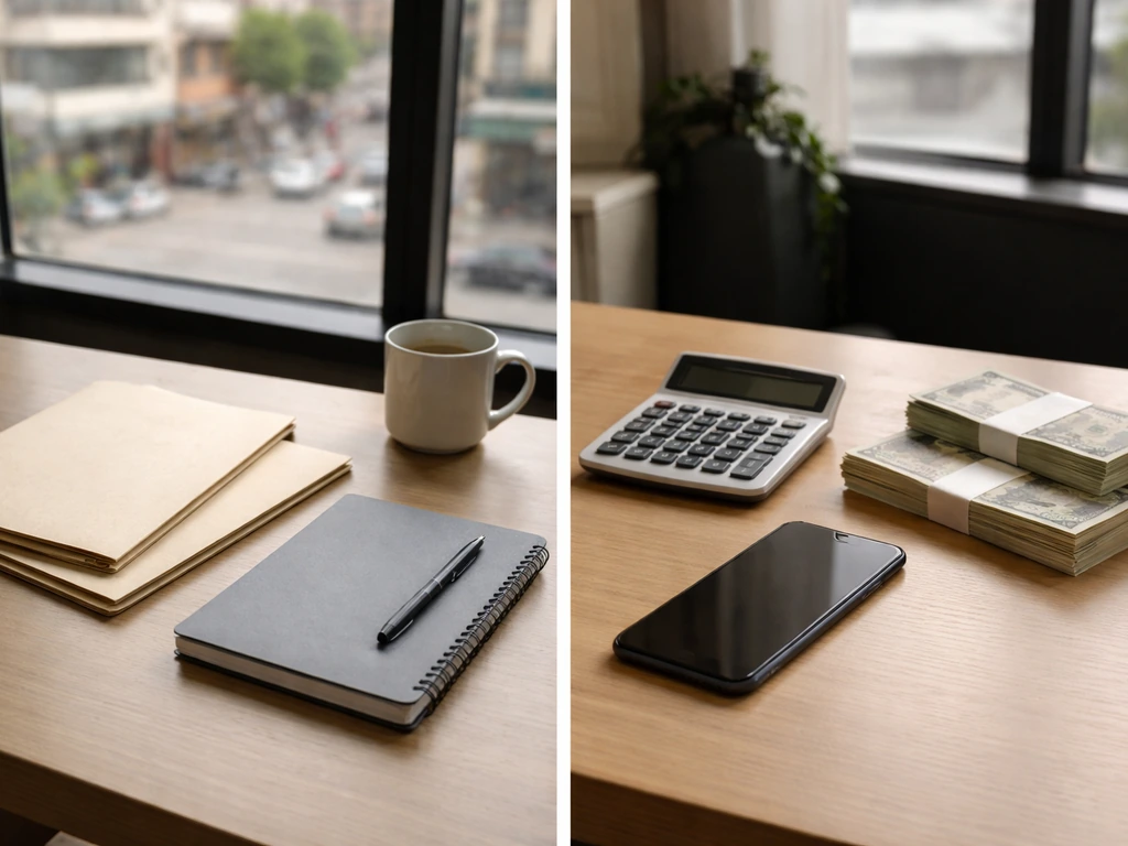Minimal photo collage style showing blurred Kenyan media-style folders and a calculator beside cash-like props