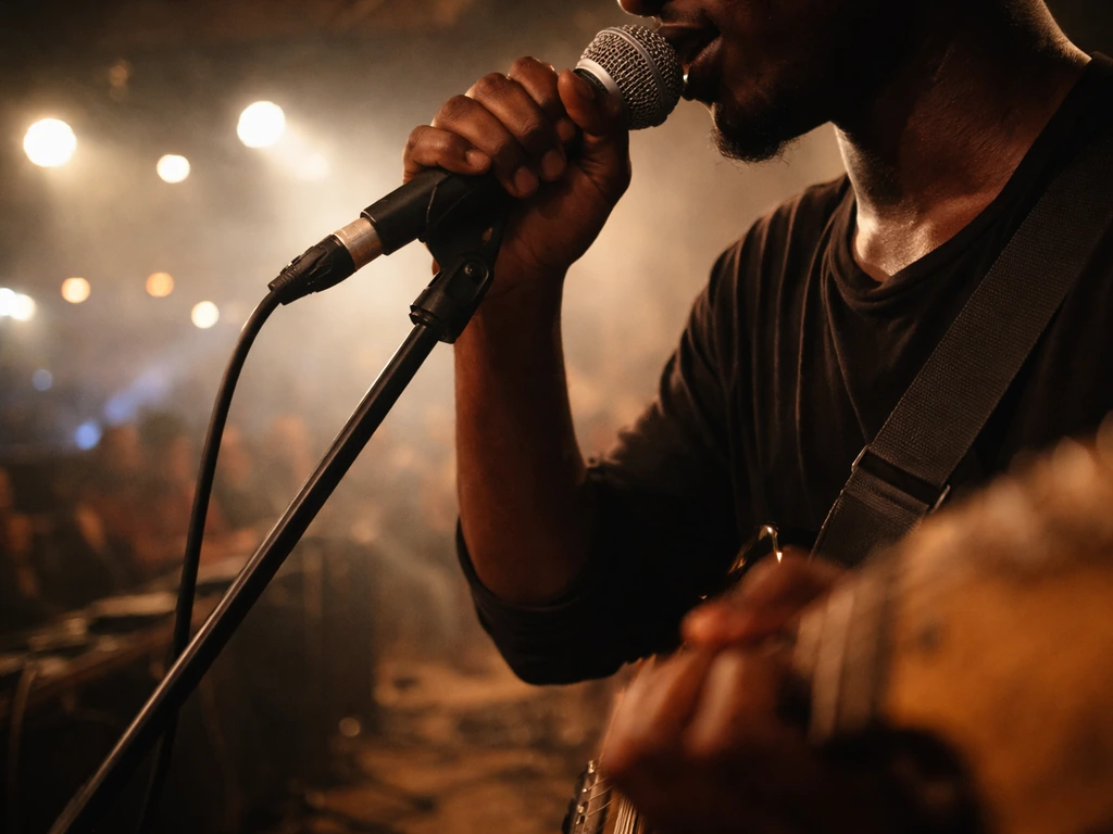 Anonymous live musician singing into a microphone on a dim stage with soft bokeh lights.
