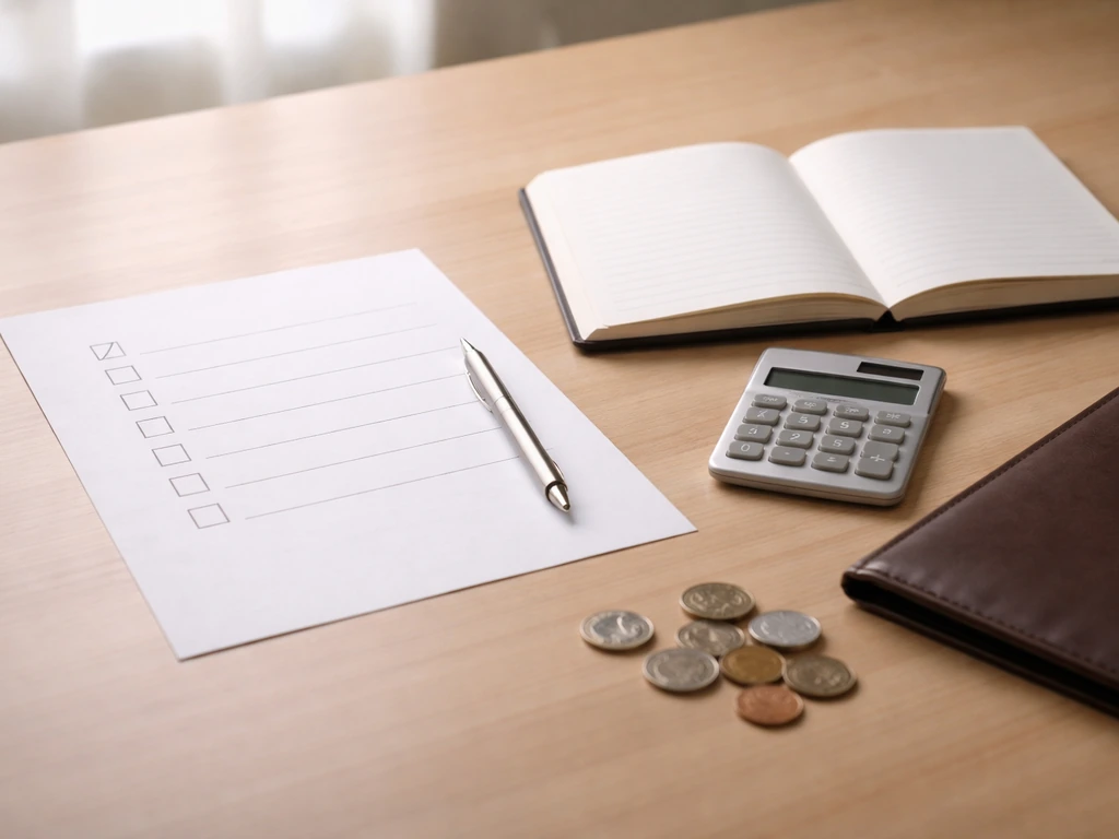 Minimal desk scene with a checklist, open notebook, calculator, and coins for verifying conflicting money claims