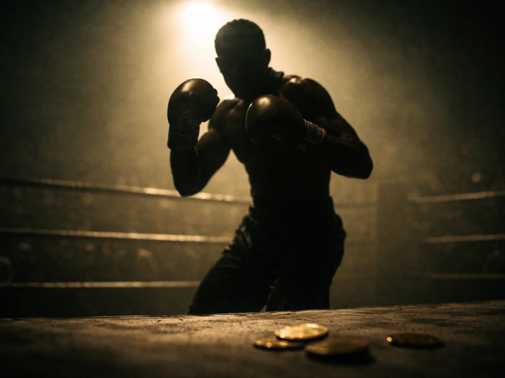 Anonymous boxing silhouette in vintage arena lighting with a few out-of-focus coins near the ring mat.