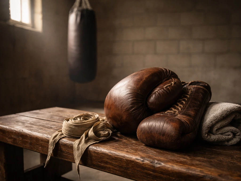 Vintage boxing glove and hand wraps in a quiet gym, evoking a historical boxer’s legacy.