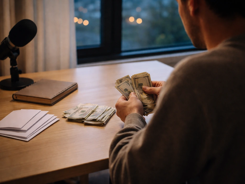Anonymous person at an office desk with banknotes in two separated piles, warm natural light.