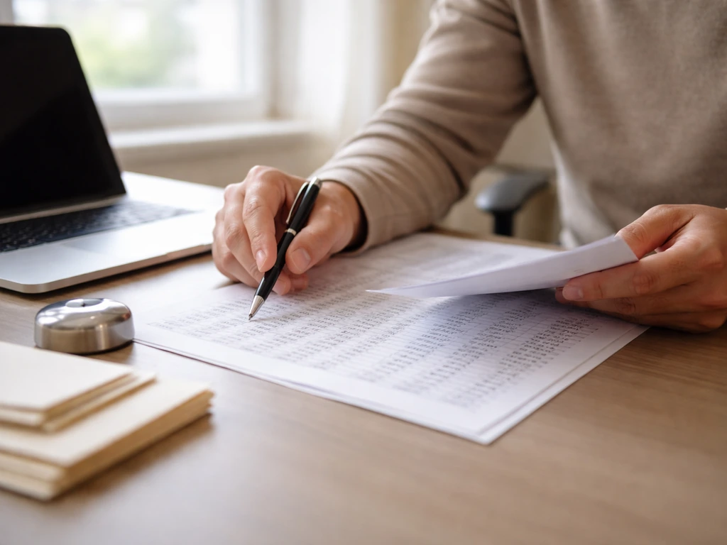 Person reviewing business paperwork at a desk with a laptop, coffee, and scattered documents
