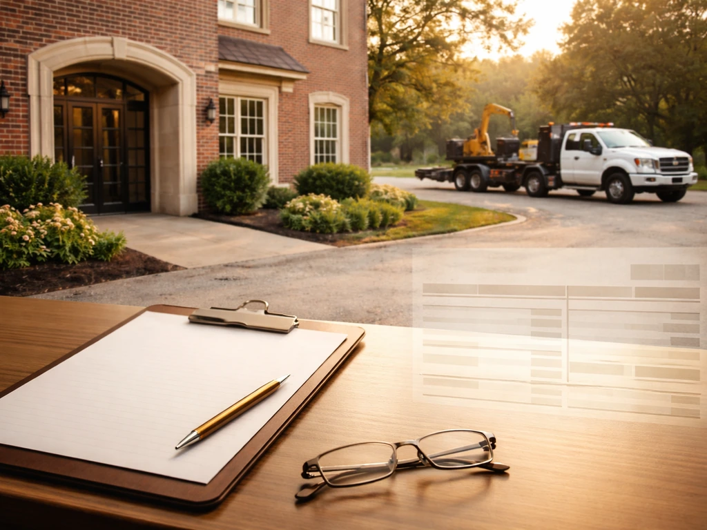Stately small-business office exterior with nearby construction trailer and a subtle blank finance overlay.