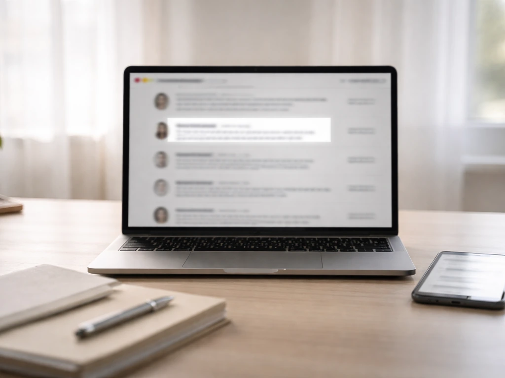 Minimal business desk scene with a laptop showing blurred search-like results to suggest name ambiguity.