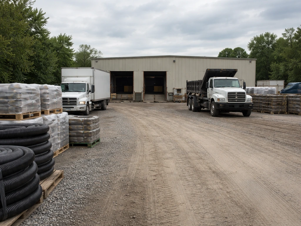 Empty loading dock at a Pennsylvania-style logistics yard with a waiting dump truck and stacked materials
