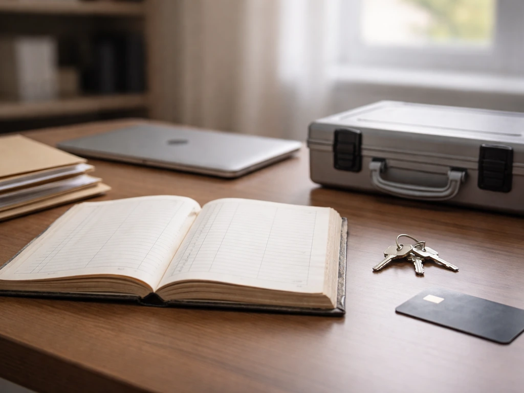 Minimal office desk with an open ledger, folders, keys, and equipment-style case suggesting loans and liabilities.