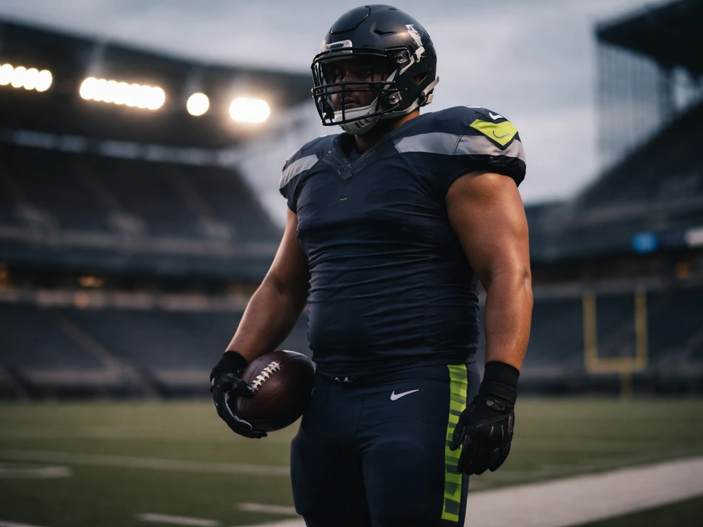 Anonymous football player in Seahawks-style gear holding a football on the field at dusk.