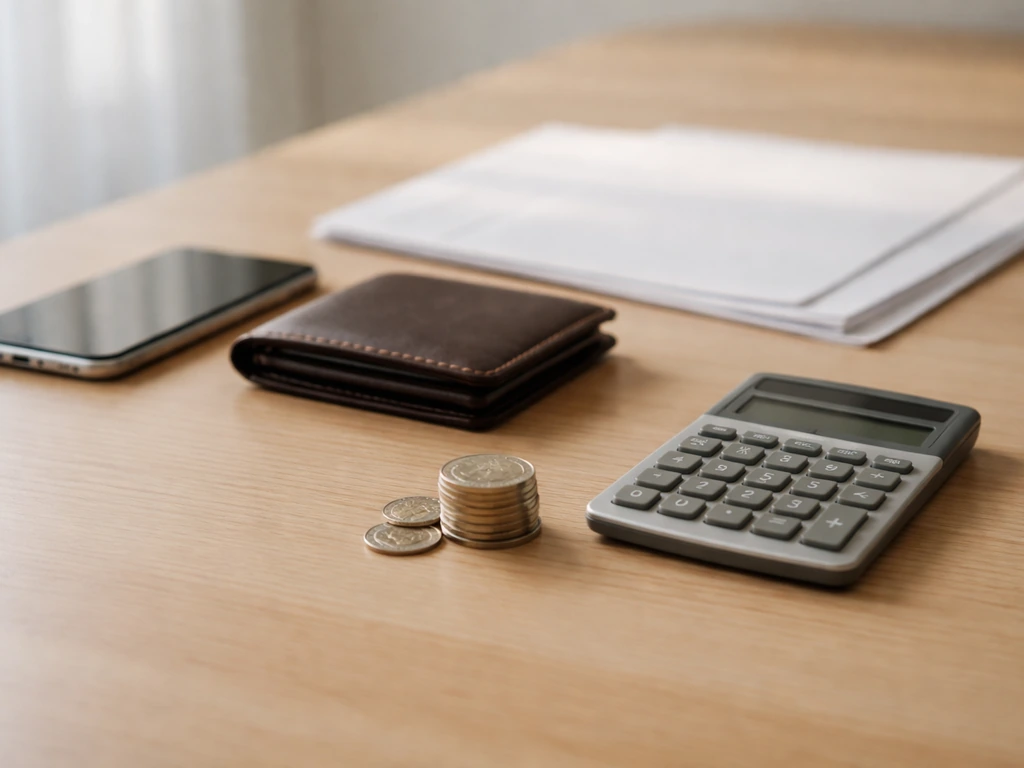 Calculator and documents beside a smartphone, with a small stack of coins on a desk representing net worth estimates.