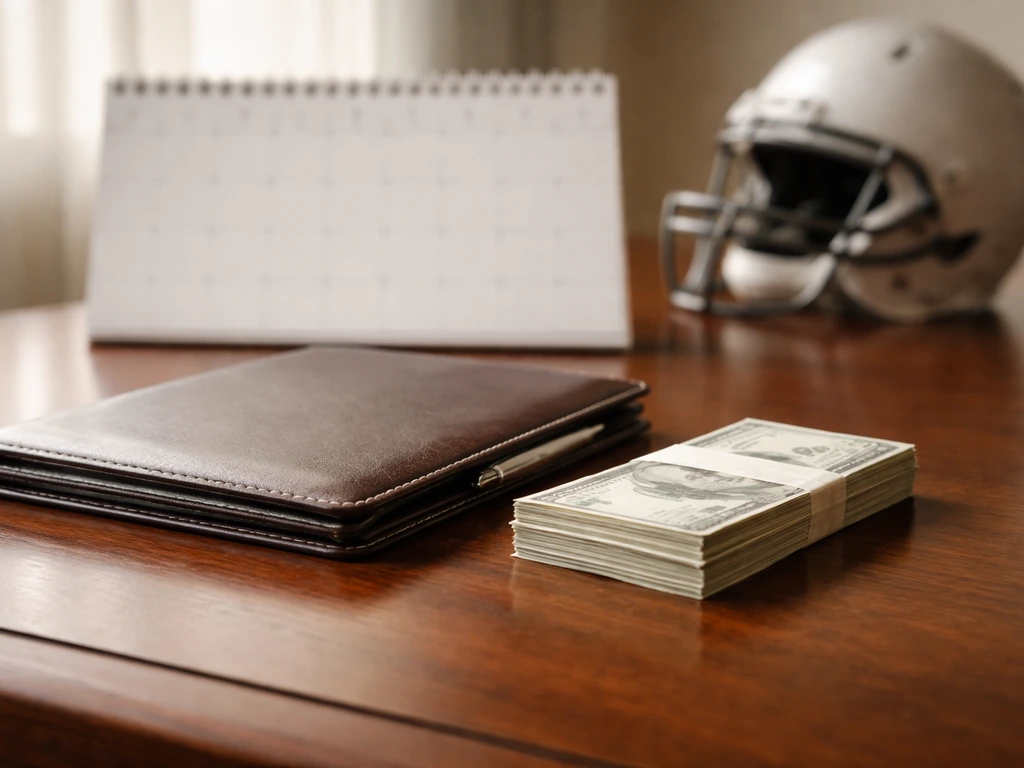 NFL rookie contract payout timeline shown with an anonymous contract folder and simple payoff calendar.