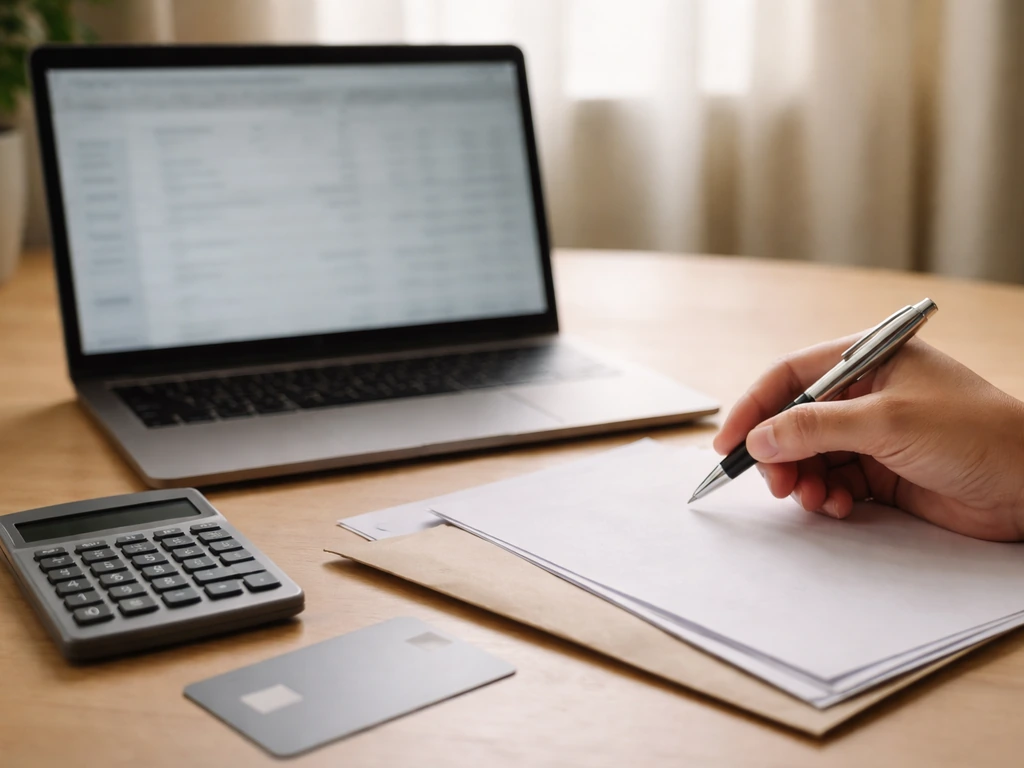 Close-up of a laptop with financial documents beside a credit card and calculator in a quiet office