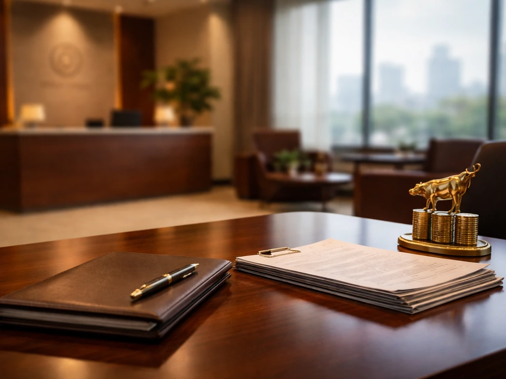Minimal executive office scene with money/finance cues and a subtle medical-business atmosphere, no people.