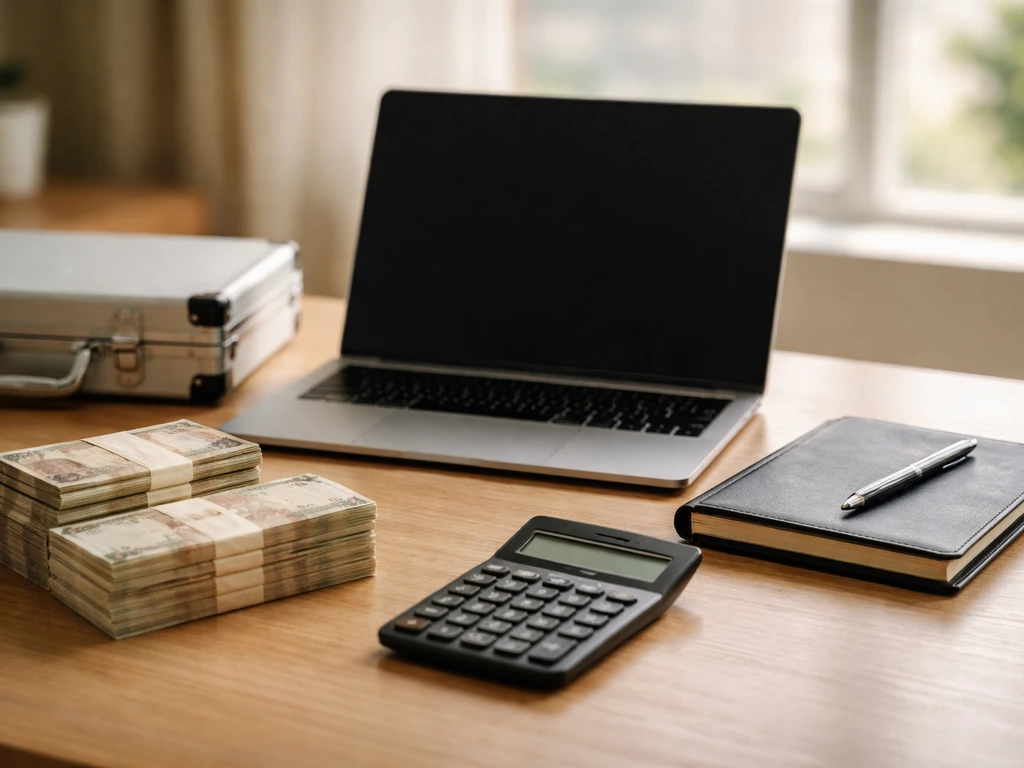 Minimal studio desk scene with a laptop, cash envelopes, and a notebook suggesting net worth calculation inputs.