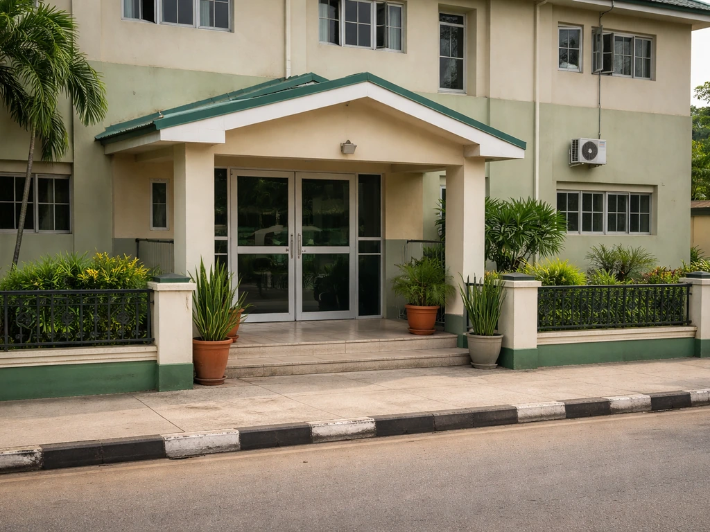 Street-level view of a Nigerian medical center building with a small front entrance and minimal surroundings