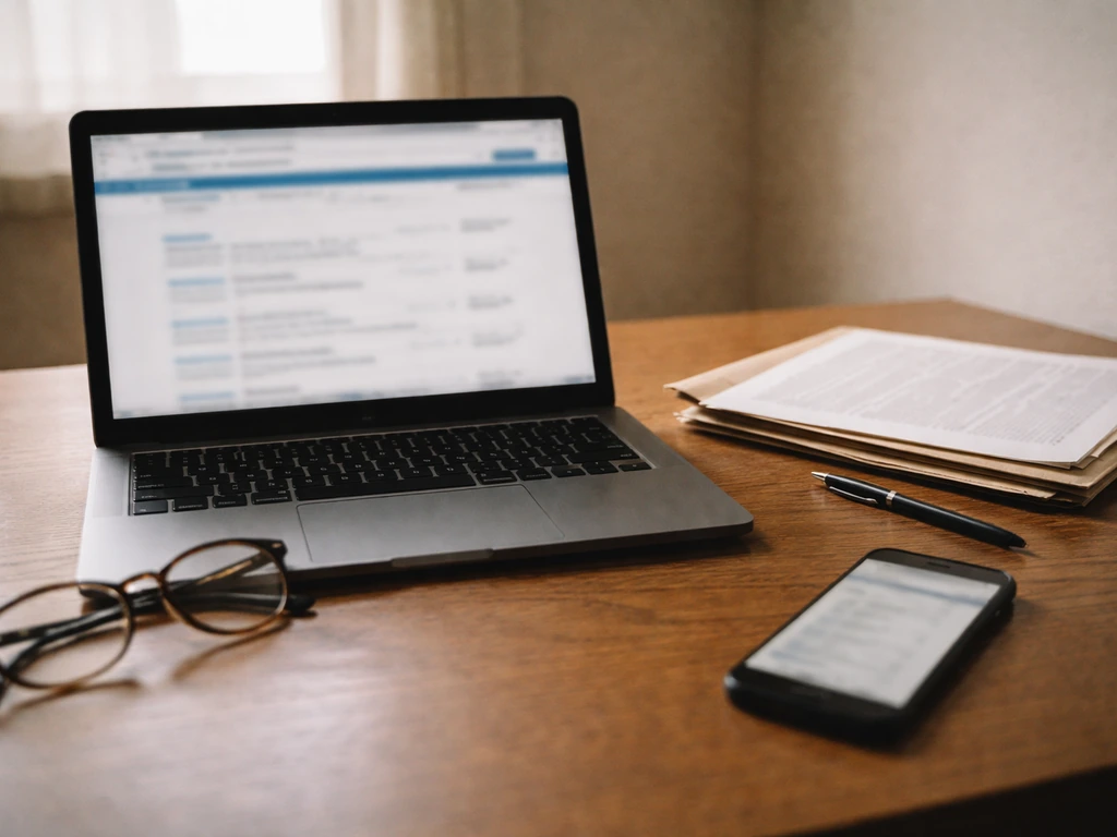 Close-up of a laptop showing a blurred public company registry page, alongside a smartphone and documents
