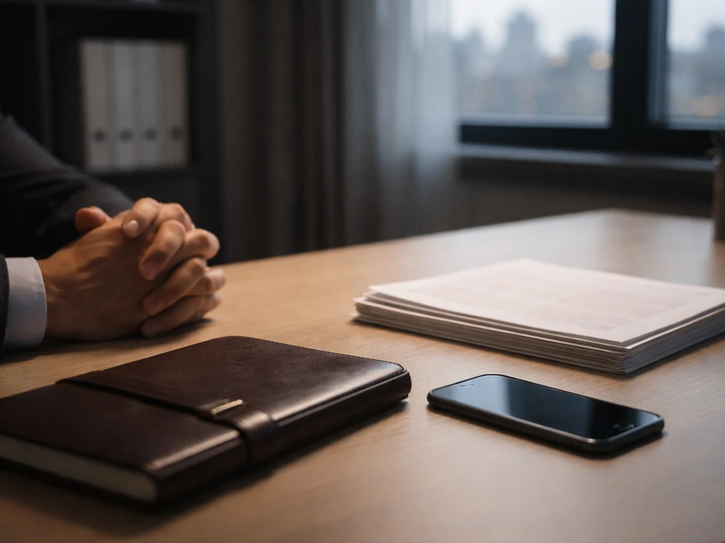 Minimal desk scene with a notebook and smartphone beside documents, suggesting net-worth verification