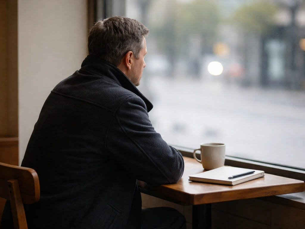 Anonymous man alone in a quiet coffee shop by a window, reflective mood.