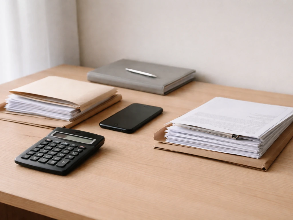 Minimal desk scene showing envelopes, folders, and a calculator symbolizing assets minus liabilities verification.