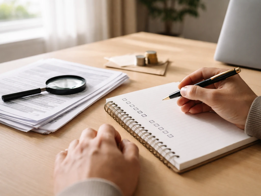 Minimal desk scene with a notebook, pen, and printed documents suggesting checking credible sources.