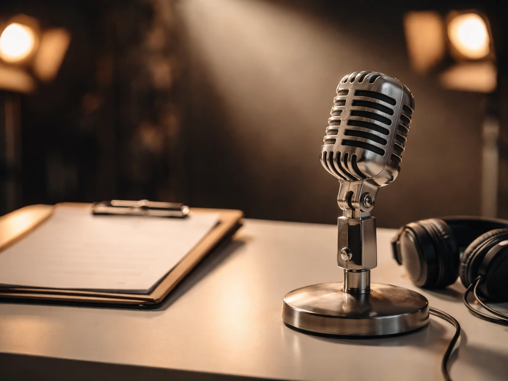 Minimal studio desk with a classic microphone and soft spotlight, evoking TV earnings and media work.